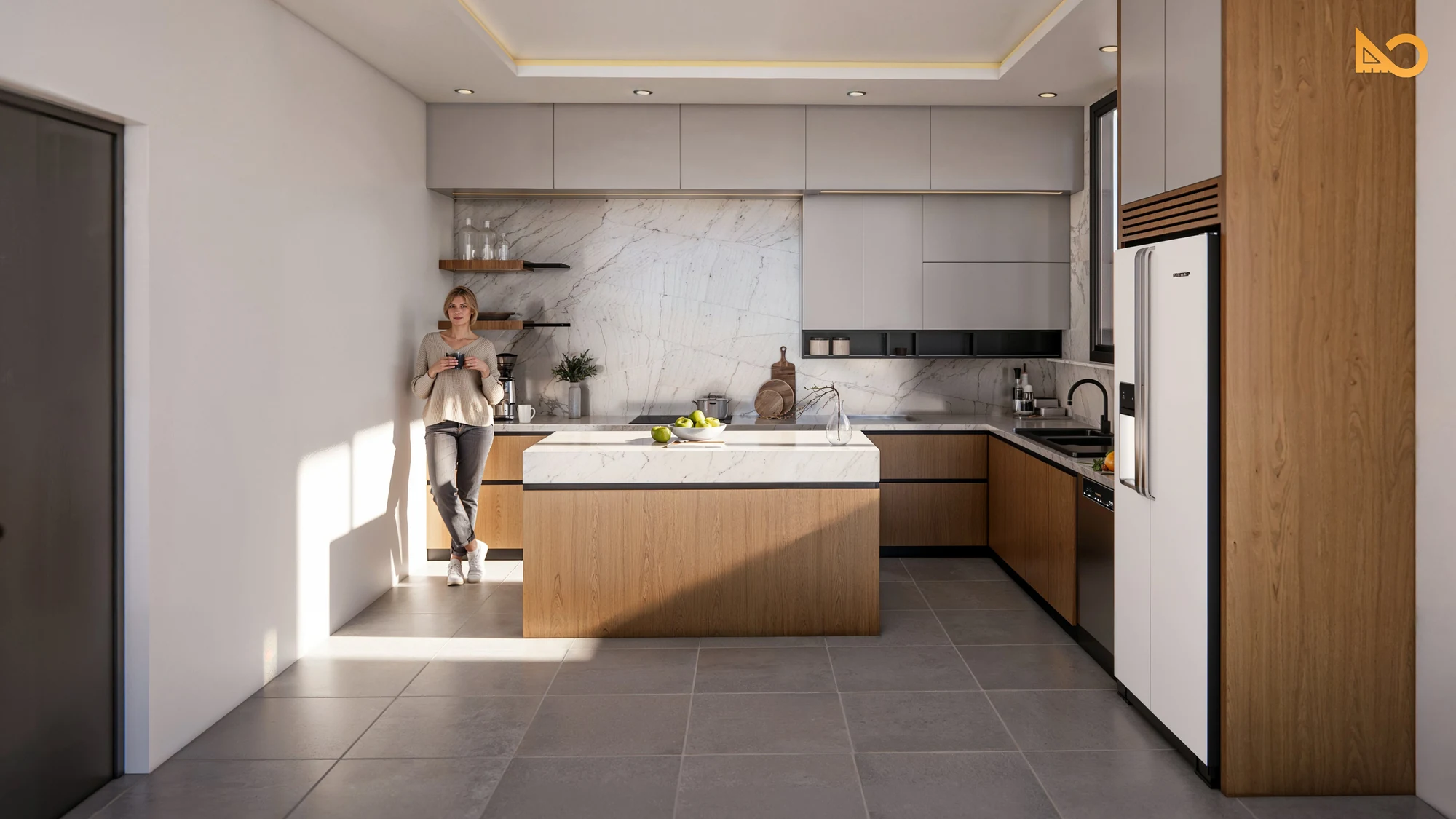 Cuisine résidentielle contemporaine en bois, marbre clair et façades grises